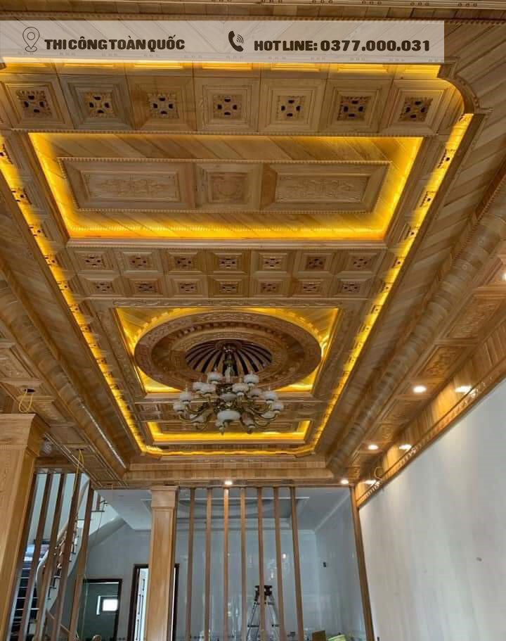 mẫu trần gỗ Pơ mu giật 3 cấp