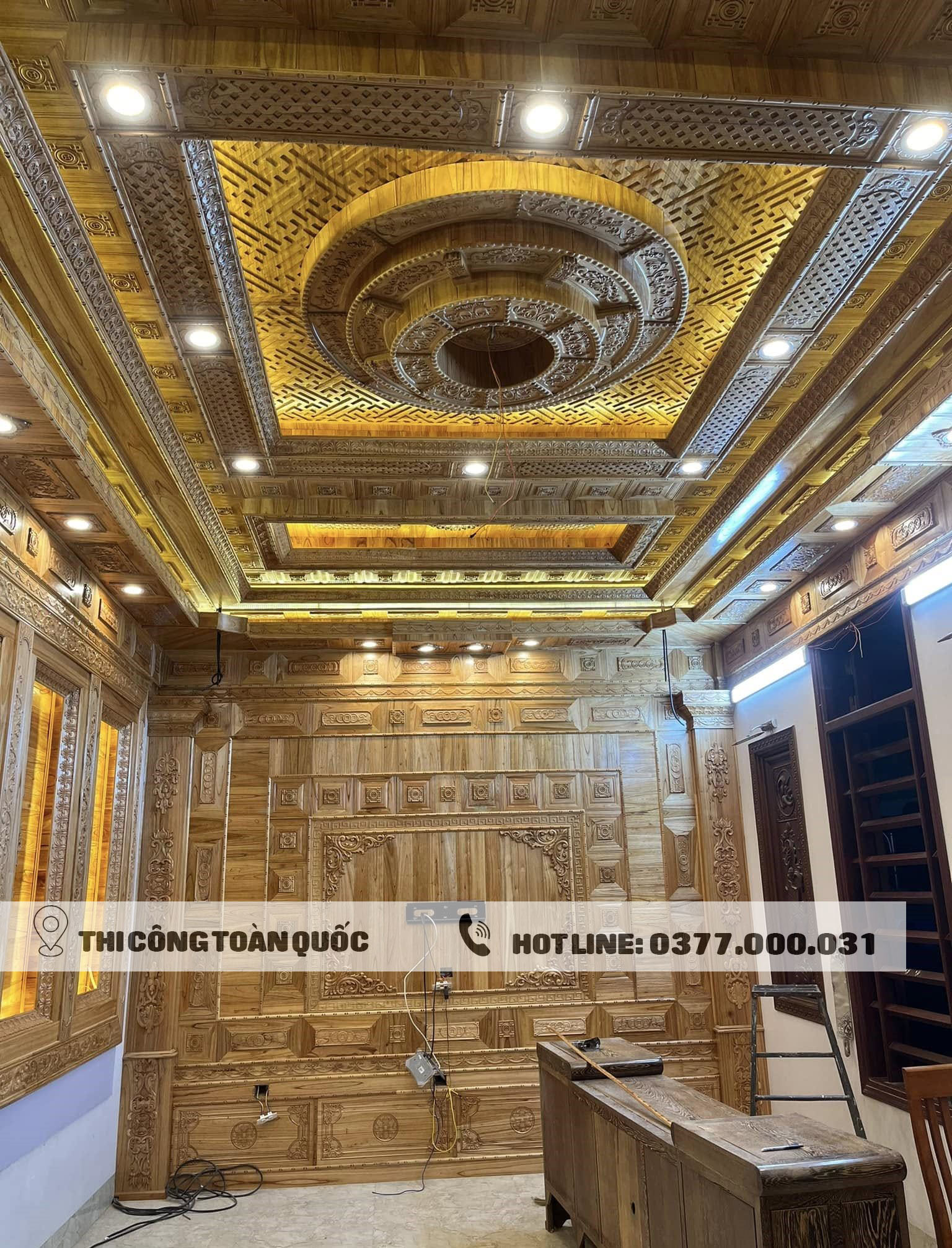 Trần gỗ xoan + ốp vách ti vi tại Hải Dương