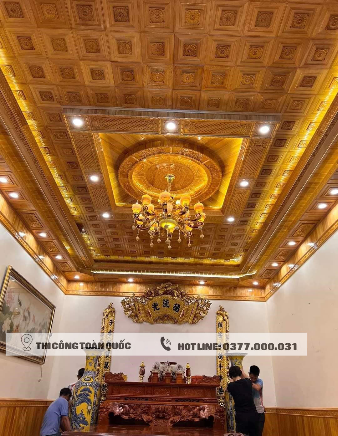 Trần gỗ pơ mu cho phòng thờ 